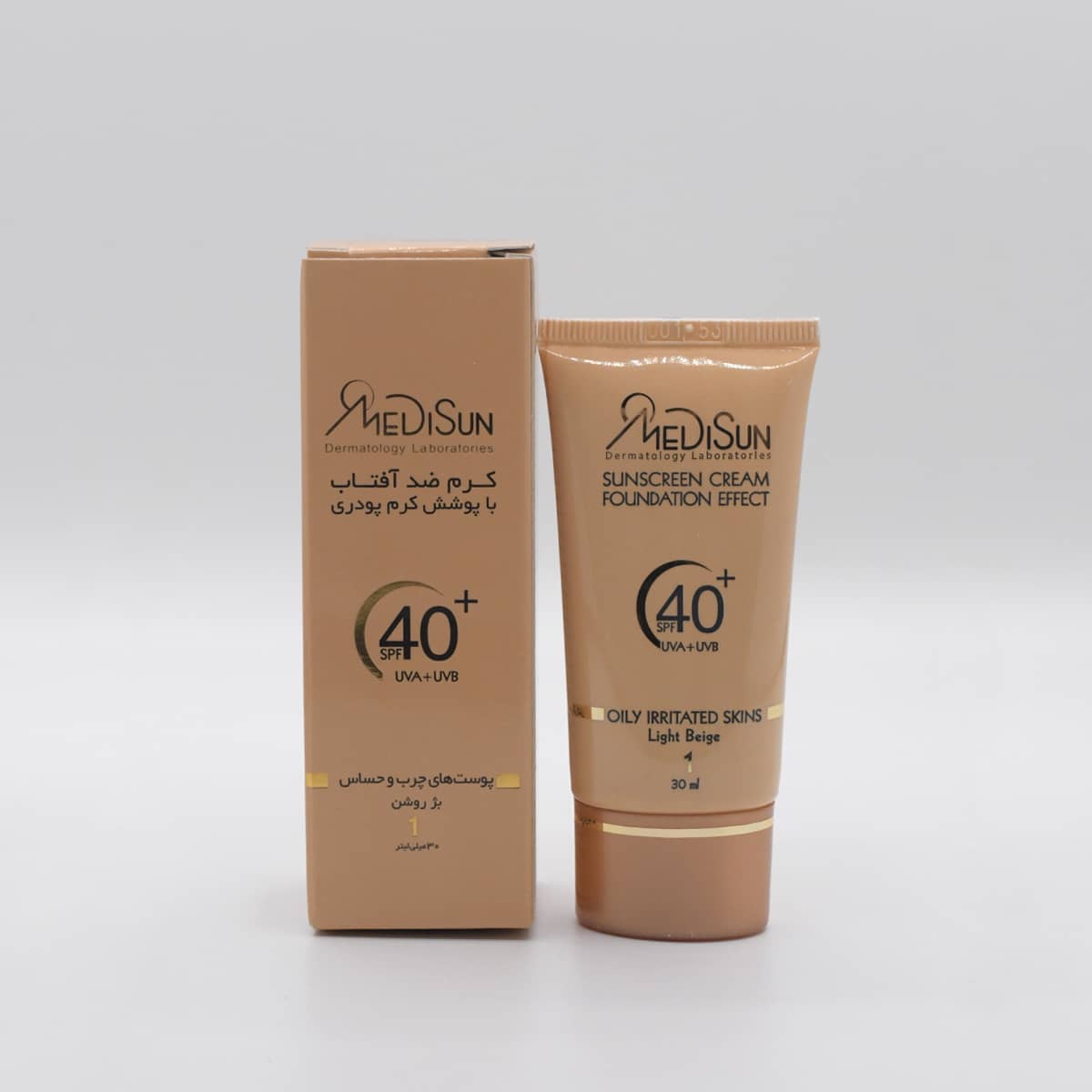 کرم ضد آفتاب SPF40 پوست چرب و حساس بژ روشن مدیسان SUN SCREEN CREAM FOUNDATION EFFECT LIGHT BEIGE MEDISUN