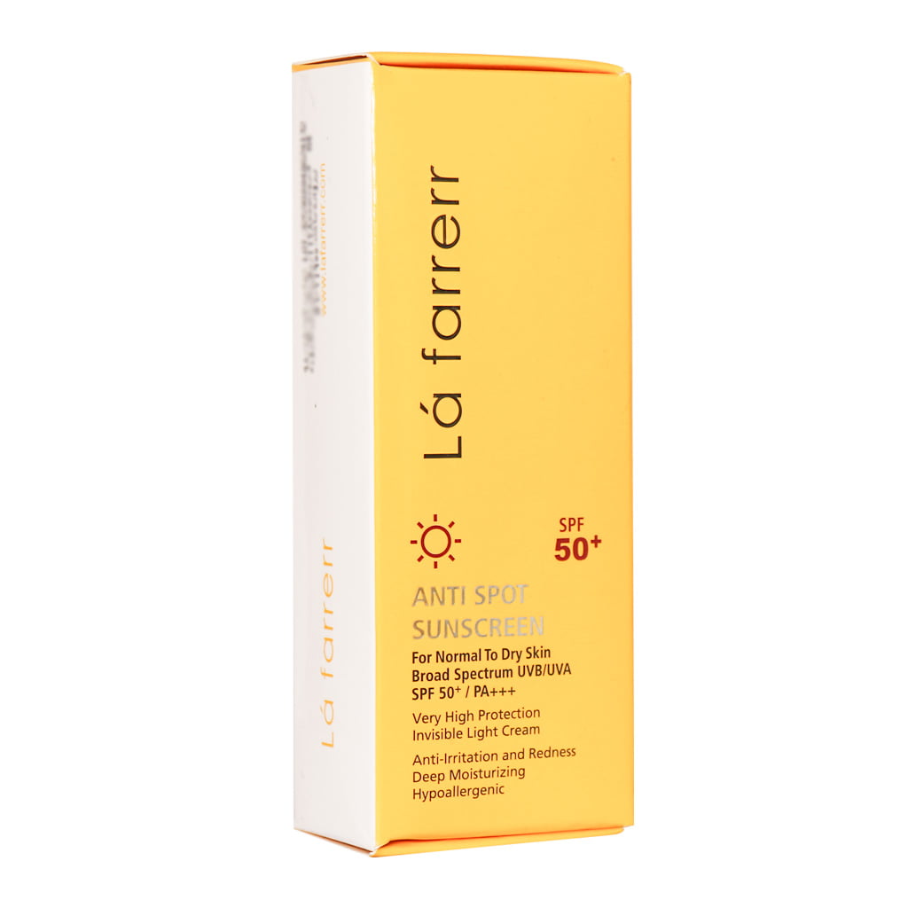 کرم ضد آفتاب و ضد لک بی رنگ پوست های خشک و معمولی لافارر  ANTI SPOT SUNSCREEN SPF50+ LA FARRERR